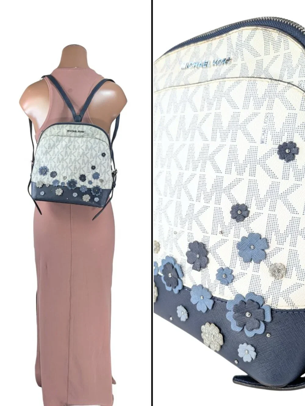 Michael Kors Blue White Signature Emmy PVC Flower Embellished Small Backpack